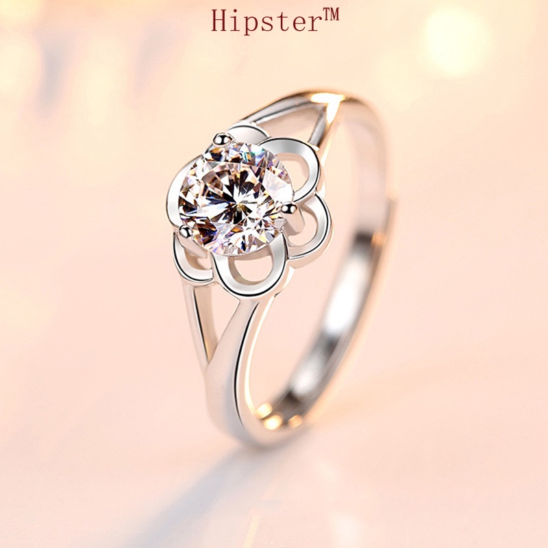 Korean Simple Temperamental Elegant Inlaid Moissanite Flower Ring