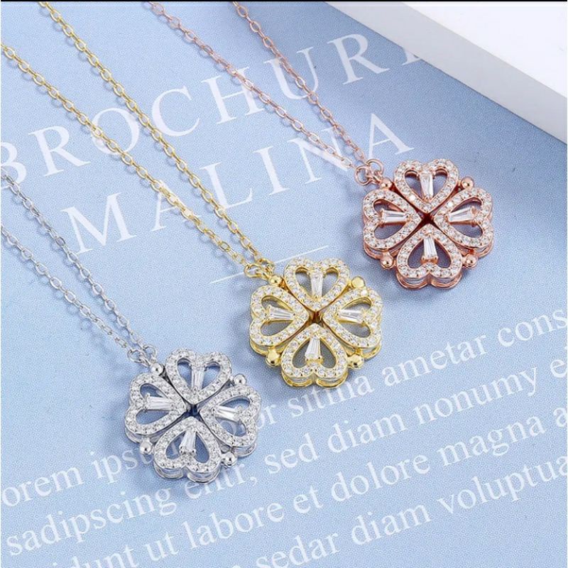 Fourfashion Kalung Titanium Korea Semanggi Hati Emas 18k Berlian 2 Cara Memakai Perhiasan