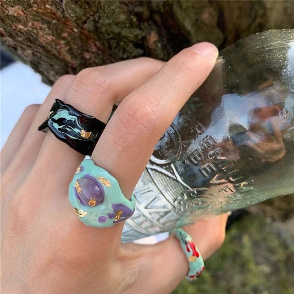 Needway  Retro Open Ring Personality Fashion Jewelry Finger Rings Women Pearl Korean Temperament Painted Flower Girls Alloy/Multicolor