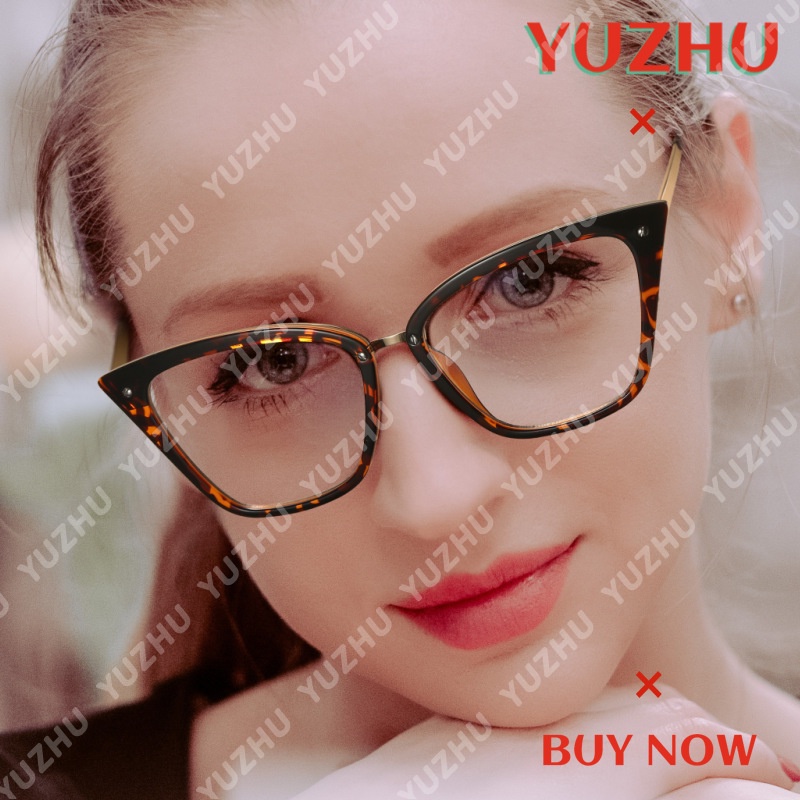 (YUZHU) Tr90 Kacamata Cat Eye Motif Leopard Bahan Metal Untuk Wanita