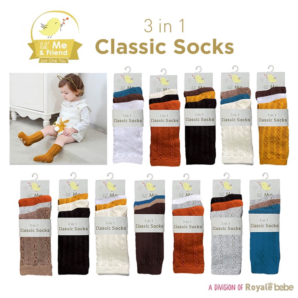 ROYALE BEBE 3IN1 CLASSIC SOCKS / BASIC SOCKS / GIRL MIDI SOCKS KAOS KAKI ISI 3 PASANG