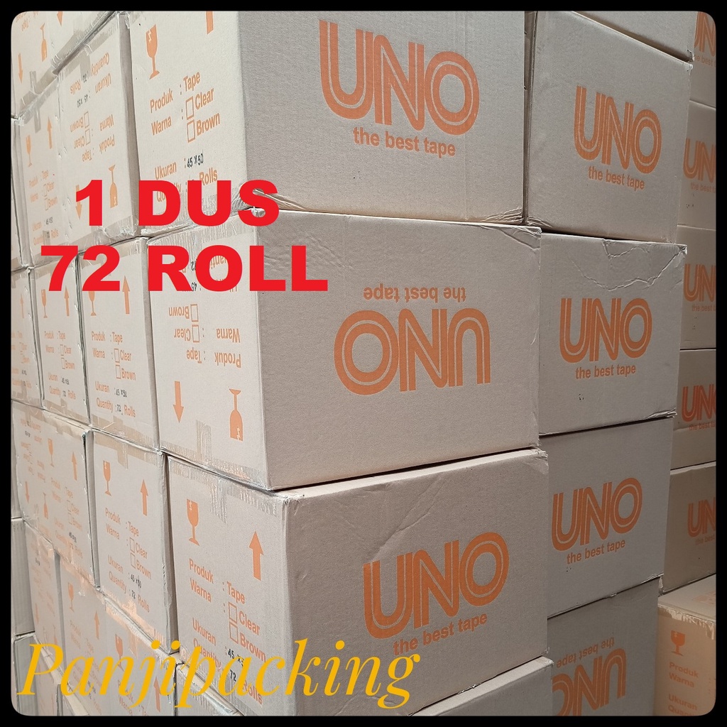 

Lakban Bening Coklat 48mm x 90 Yard 1 Dus isi 72 Roll Uno Solatip Box