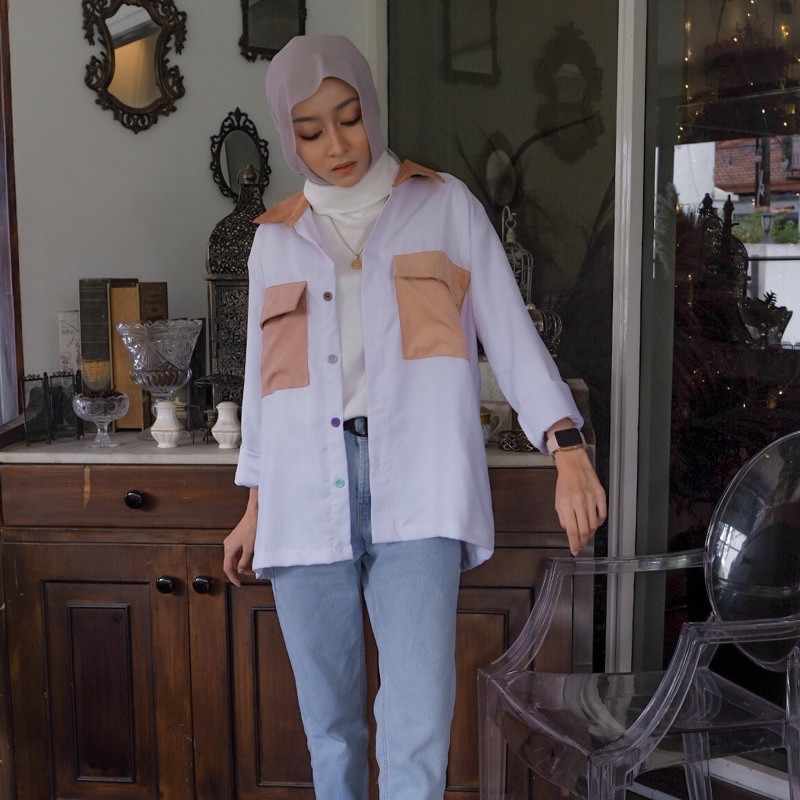 (LAST STOK) ORSA BLOCK COLOR PATTERN SHIRT | KEMEJA WANITA | PATTERN SHIRT-2Color-Brown