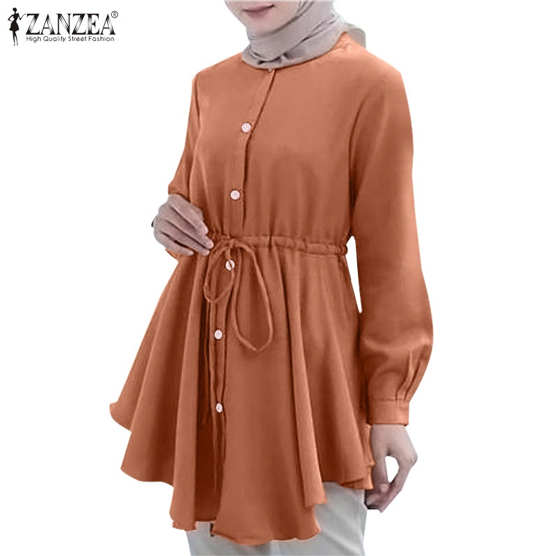 ZANZEA Women Fashion Muslim Full Sleeve Crew Neck Button Cuffs Shirt Loose Blouse