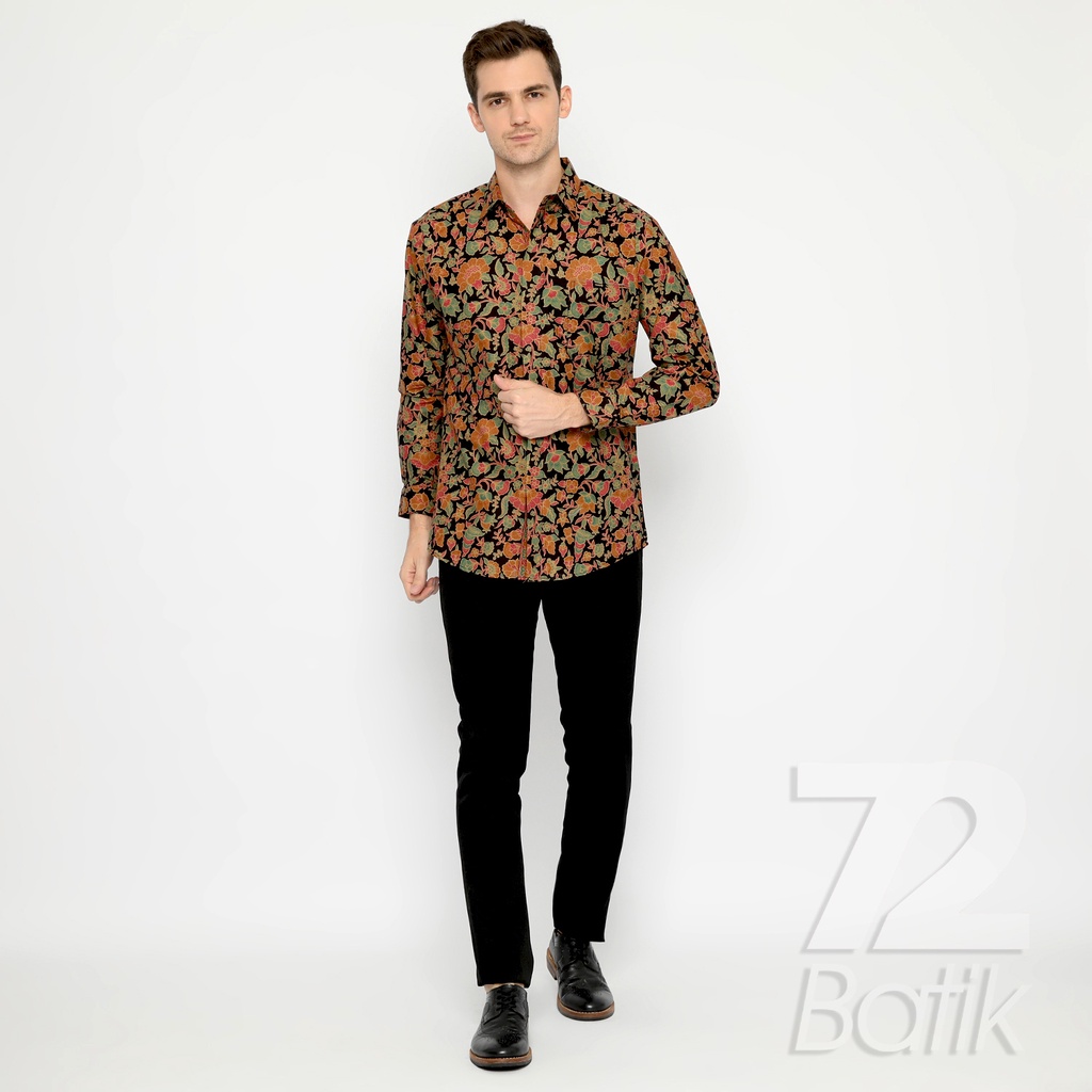 BAJU BATIK PRIA Kemeja Lengan Panjang Slimfit Premium Elegant Warna Hitam Orange Hijau 727393 Cap 72 - Baju Kemeja Atasan Pakaian Setelan Batik Pria Cowok Laki Laki Remaja Keluarga Kantor Lengan Panjang Modern Slimfit Slim Fit Premium Kekinian