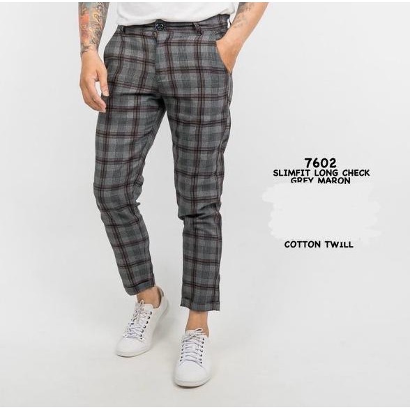 Celana Panjang Tartan Pants Ankle Pria Skinny Kotak Abu Maroon