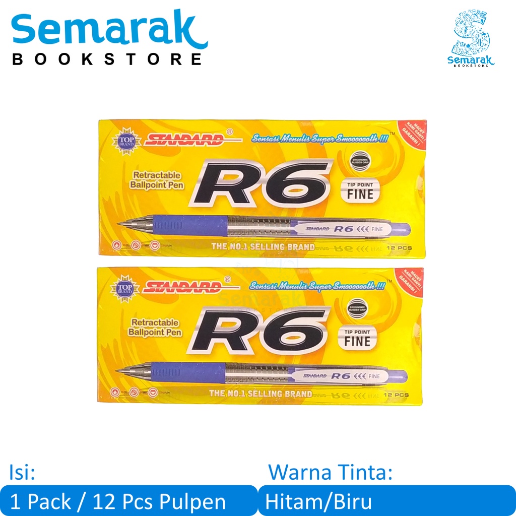 

Standard R6 Retractable Ballpoint Pen Pulpen Cetek Oil Gel Grip Karet Top Point Fine 0.5 - Hitam / Biru [1 Pack / 12 Pcs]
