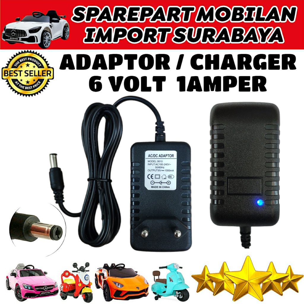 NEW ADAPTOR POWER 6 VOLT 1000 MA MOBIL MAINAN ANAK CHARGER 6V 1AH PMB PLIKO VESPA YOTTA PCX