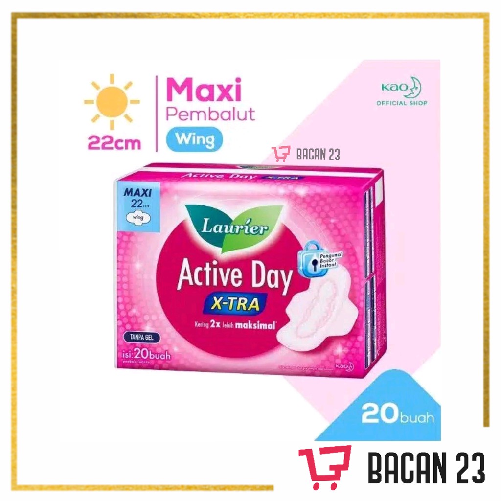 Laurier Active Day X-tra Wings ( 22cm - 20 Pads ) / Pembalut Sayap - Softex / Bacan 23 - Bacan23