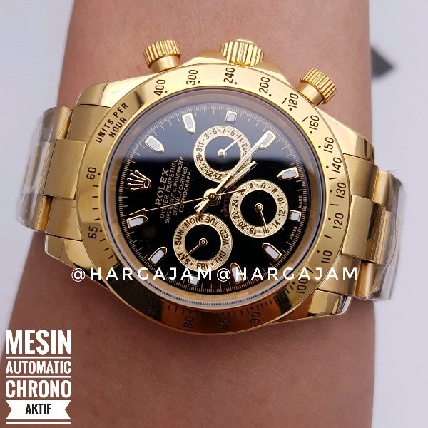 BARU Jam Pria Automatic Rolex Oyster Perpetual Super Chrono Rantai Gold dial Black jam matic
