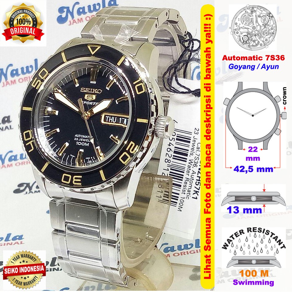 Seiko 5 Sports SNZH57K1 Automatic Black Gold - Jam Tangan Pria SNZH57