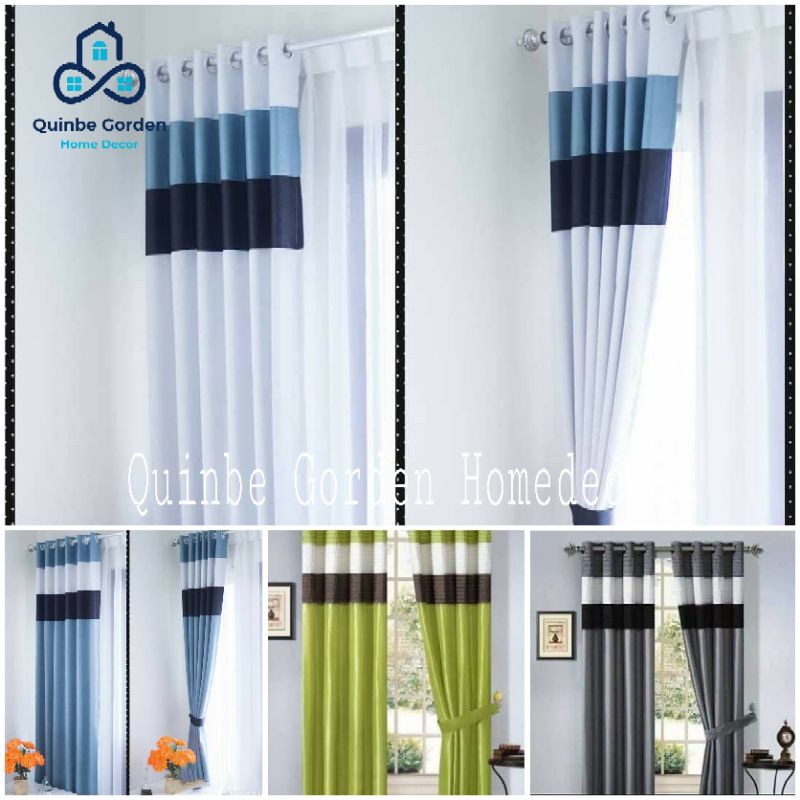 Gorden polos blackout kombinasi strip polet 3 warna biru abu putih hordeng minimalis gordyn tirai je
