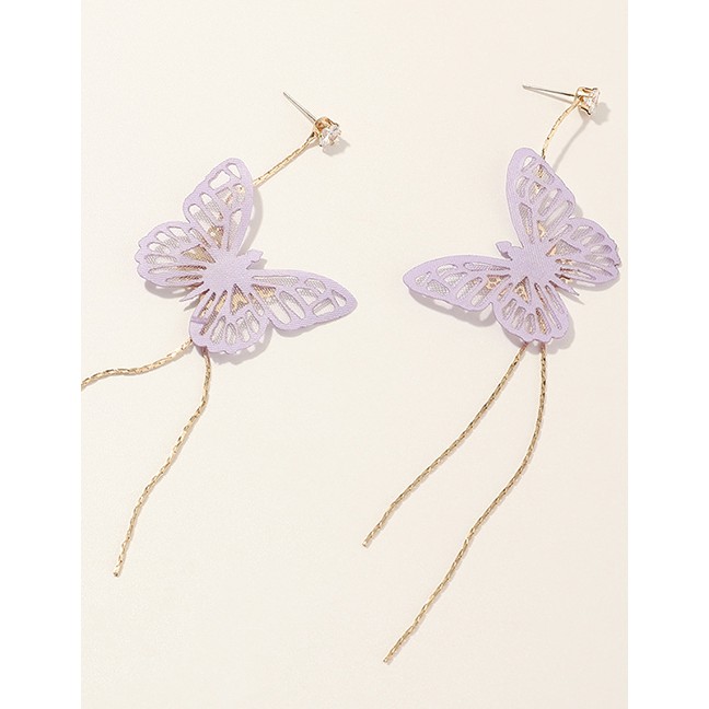 LRC Anting Tusuk Fashion Purple Butterfly Long Fringe Hollow K5154X