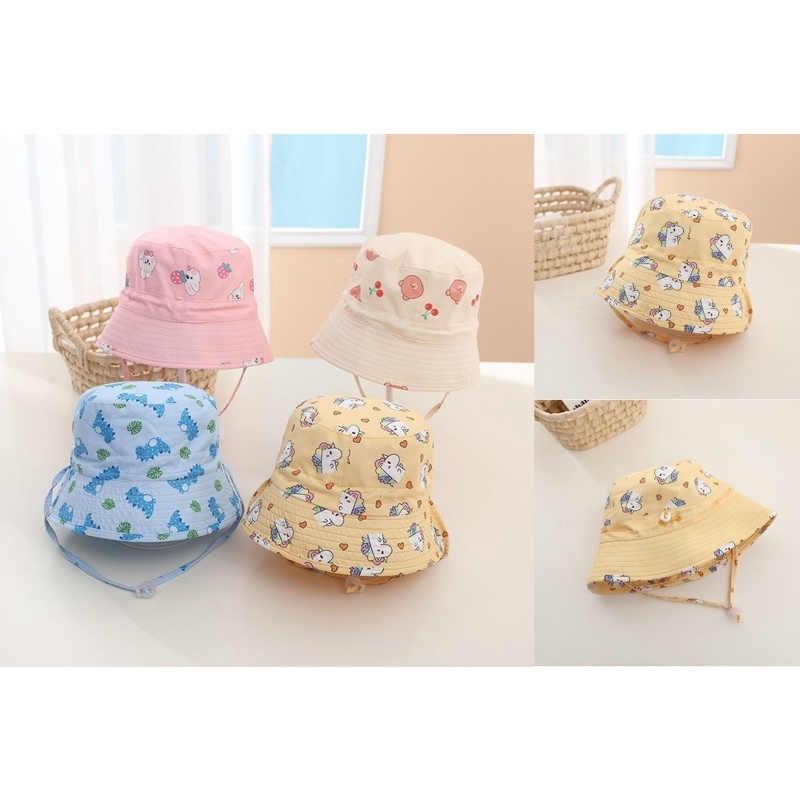 Topi Bucket Anak Import Unisex Anak Laki Laki Anak Perempuan Model Animal Corak Lemon Strawberry