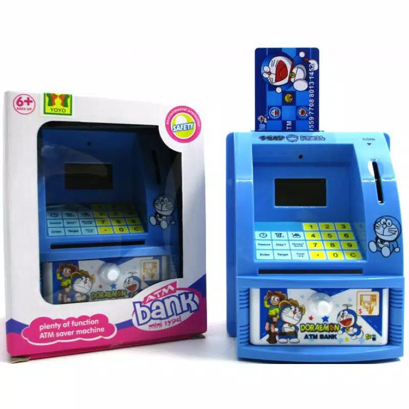 CELENGAN ATM MINI DORAEMON MESIN HITUNG SALDO UANG KERTAS DAN KOIN