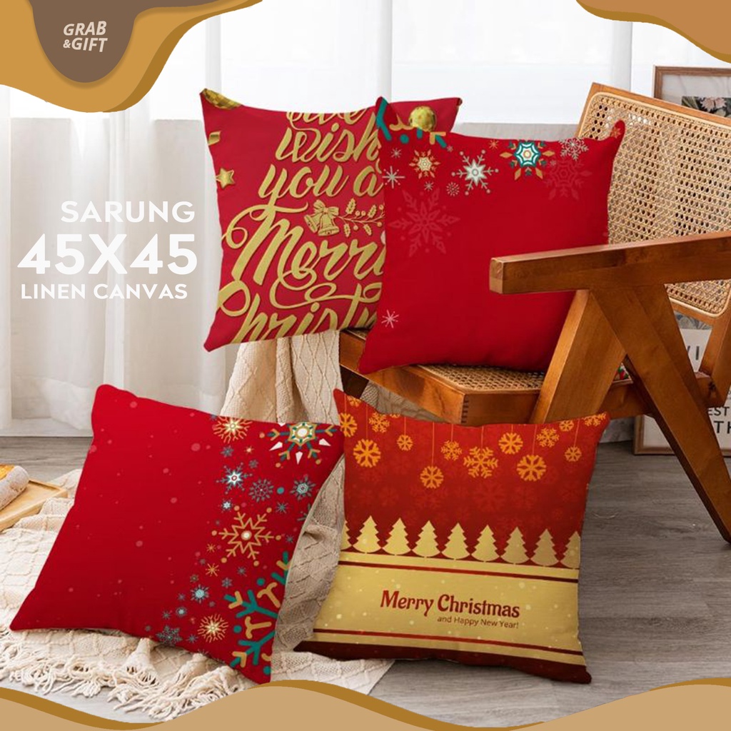 SARUNG Bantal Sofa Print 45x45 cm Linen Motif Natal Christmas Holiday Santa Claus Grabandgift