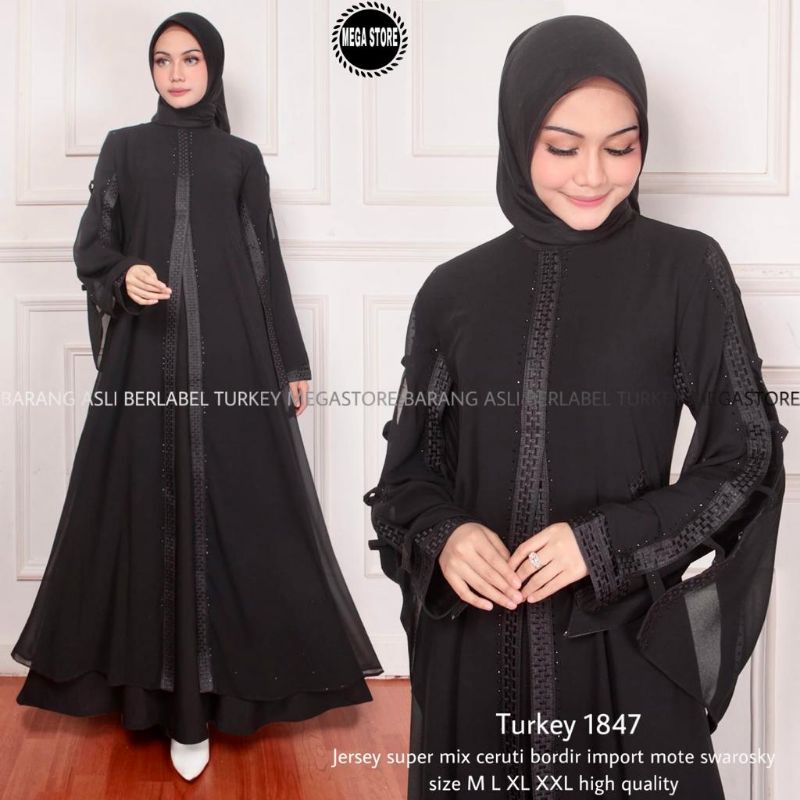 GAMIS ABAYA TURKI HITAM TERBARU TURKEY 1847 1337 ORIGINAL PICTURE BY MEGASTORE