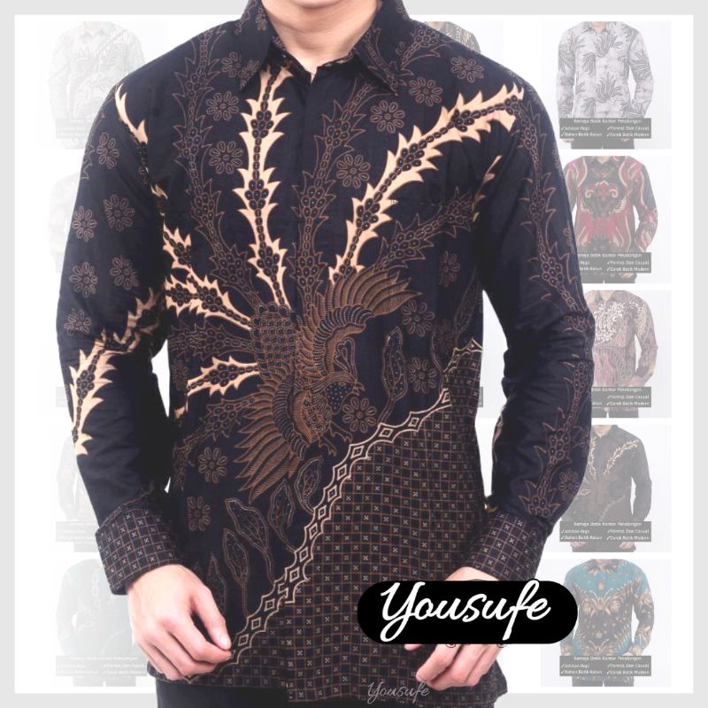 Kemeja Batik Pria Lengan Panjang Katun Halus Motif Murah Hitam Terbaru Kode MH01K