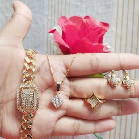 4in1 ( Kalung Gelang Cincin Anting ) 1 Set Xuping Fashion Motif Mutiara Permata  Perhiasan Dewasa