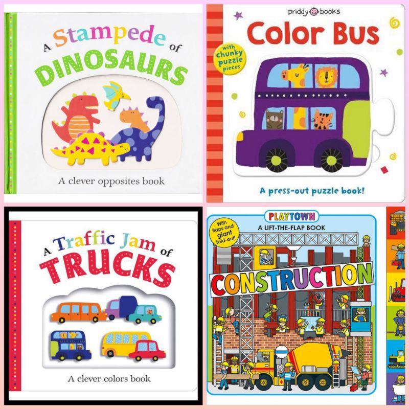 Priddy Books Buku Import Follow Me Puzzle Book Color Bus Constructions Trucks Stampede Dinosaurs