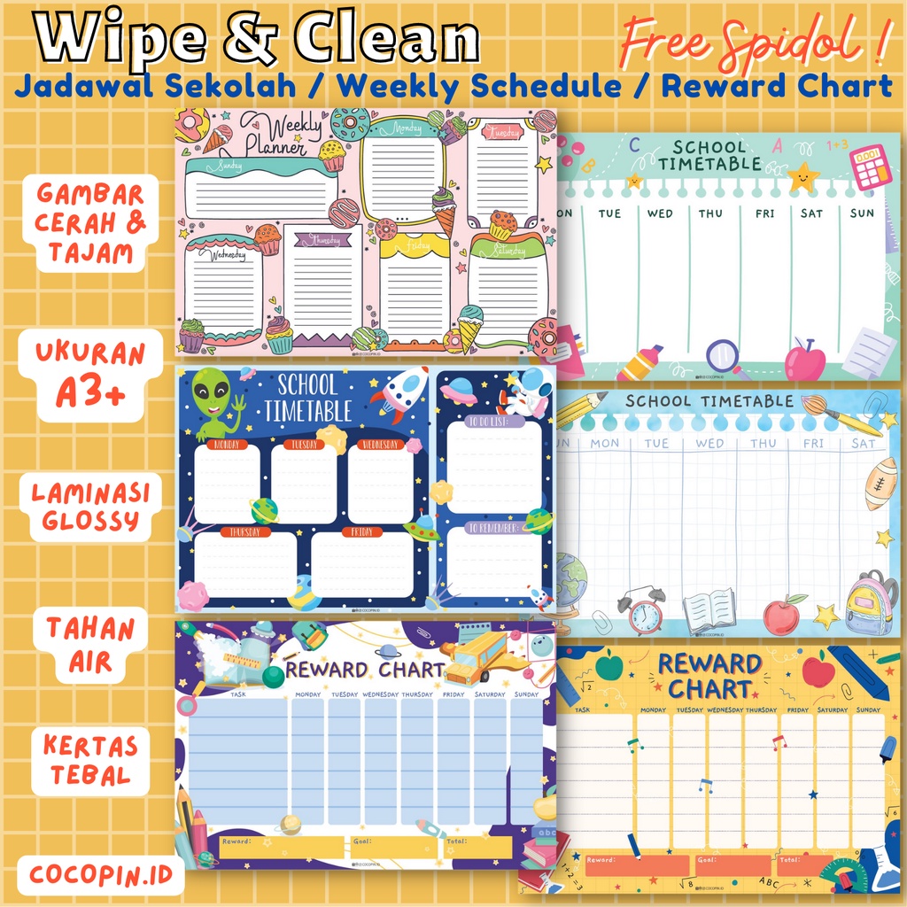 

COCOPIN Weekly Planner / Monthly Planner / Timetable / Jadwal Pelajaran Sekolah / Agenda / Schedule Board / Reward Chart / School Timetable / Ukuran A3+ / WIPE & CLEAN