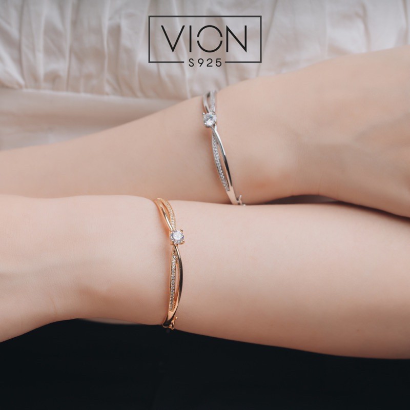 Vion S925 Bangle 10490 - 10491 , Gelang Silver Lapis Emas Crystal Zirconia , Gelang Perak Lapis Emas