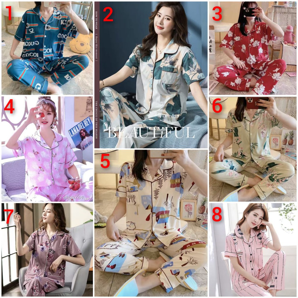 BAJU TIDUR PIYAMA PEREMPUAN CP SPANDEX IMPORT BERKUALITAS MOTIF KRA KANCING LENGAN PENDEK SETELAN CELANA PANJANG MOTIF BUNGA TERBARU SIZE L-XXL FIT TO 75KG