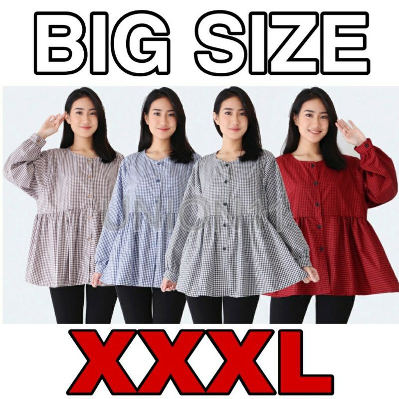 JUMBO XXL BLOUSE PEPLUM WANITA KATUN BUSUI MOTIF KOTAK FIT LD 120