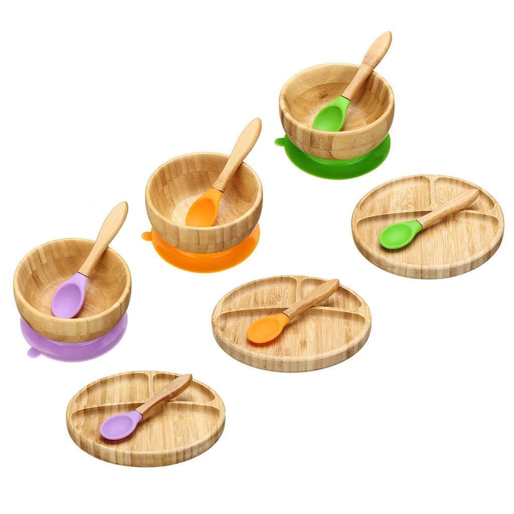 Alat Makan Bayi Piring dan Mangkuk Kayu Bambu / Matching Bamboo Suction Plate and Bowl wit Spoon Set