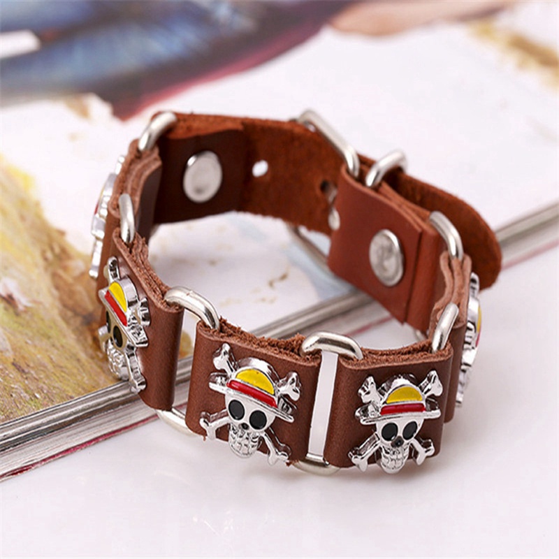 Japan Anime One Piece Luffy Pirate Logo Leather Bracelet Cosplay Punk Rock Sign Metal Men Bangle Goth Jewelry Bracelets Gifts