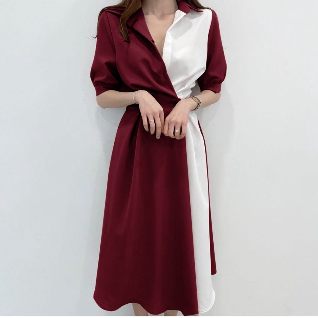 Basic id fashion  Dres wanita elena / Dres korean kombinasi / pakaian wanita / gaun wanita elegant