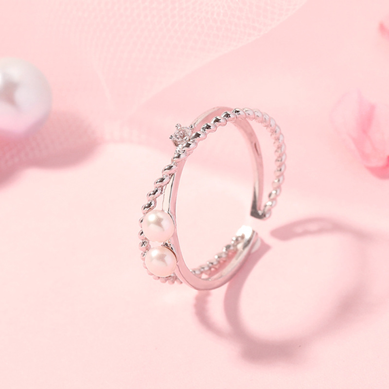 Cincin Jari Telunjuk Model Terbuka Desain Silang Ganda Aksen Mutiara Berlian Gaya Korea Untuk Wanita