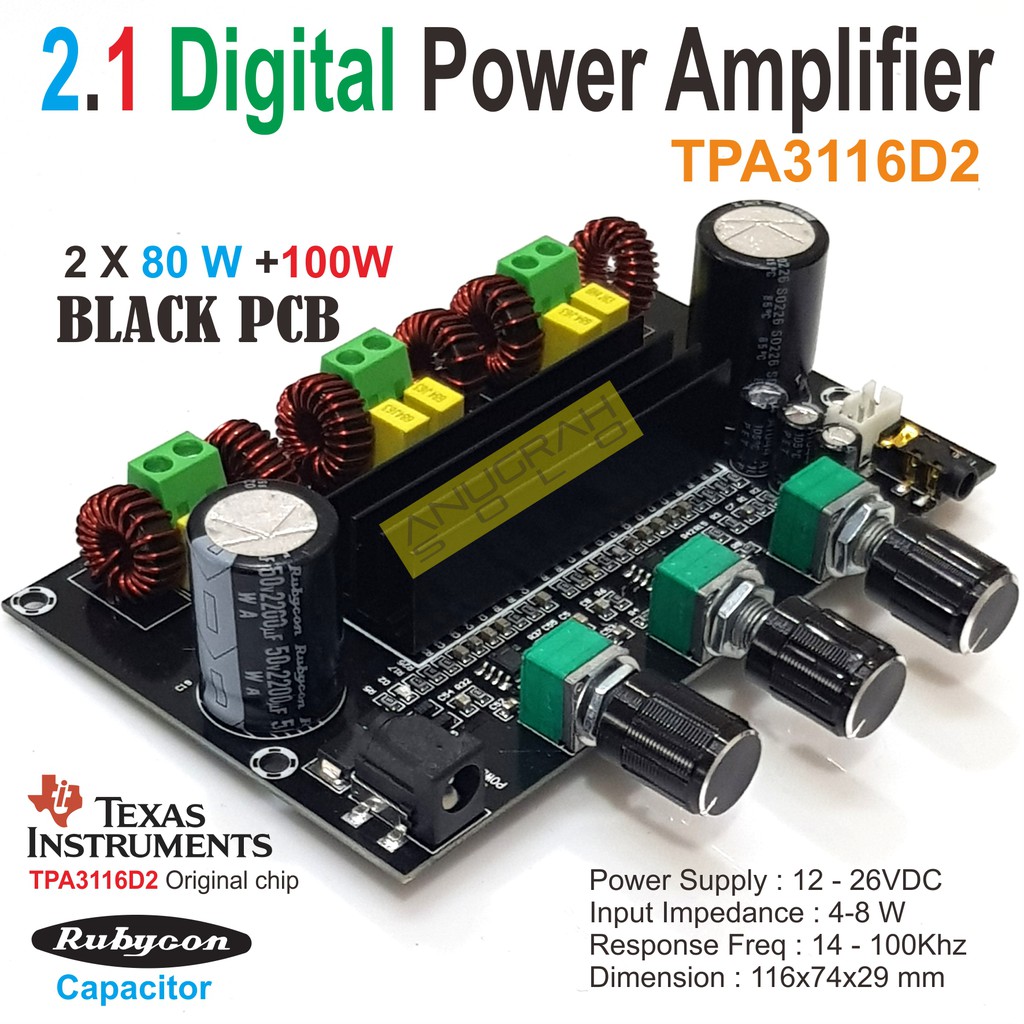 Digital 2.1 Power Amplifier TPA3116D2 2x 80W + 100W PCB Hitam
