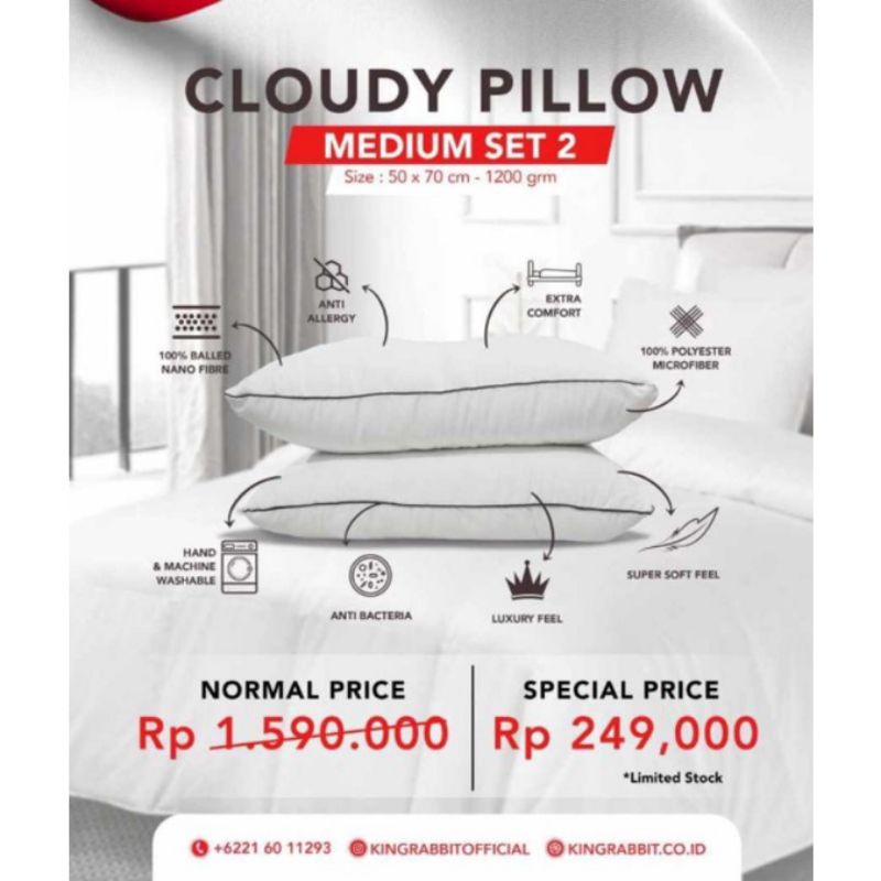 King Rabbit Cloudy Pillow  Medium Nano Fiber / Bantal Kepala uk 50x70 cm