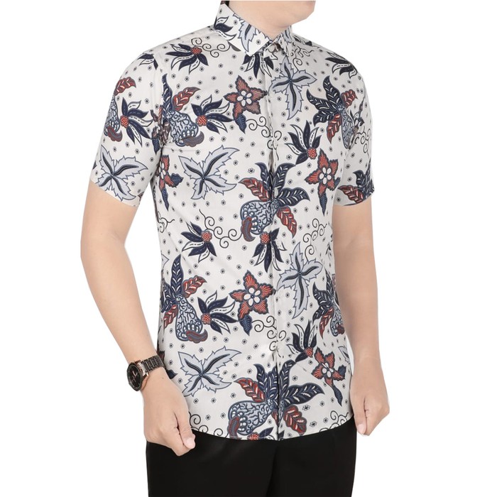 TERBARU VM Kemeja Batik Pendek Putih Slimfit Batik Pria - B-417 - M