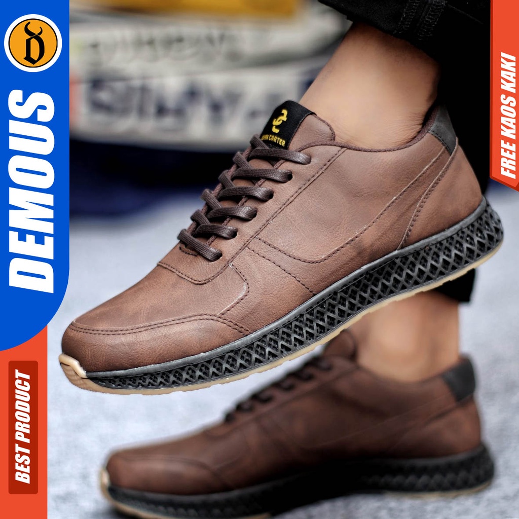 Sepatu Sneakers Kerja Pria Casual Kulit Pu Hitam Coklat Demous Runn