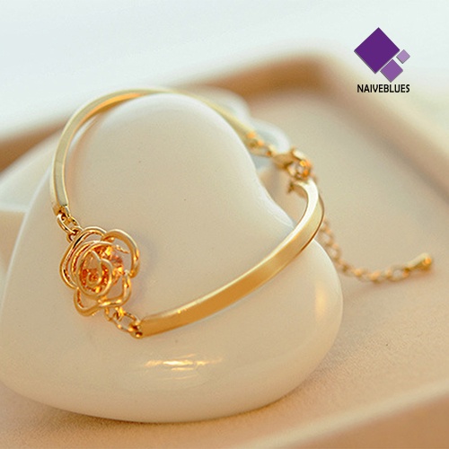 Naiveblue &gt; Gelang Tangan Rantai Cuff Motif Bunga Mawar Aksen Kristal Warna Gold Untuk Perhiasan Wanita