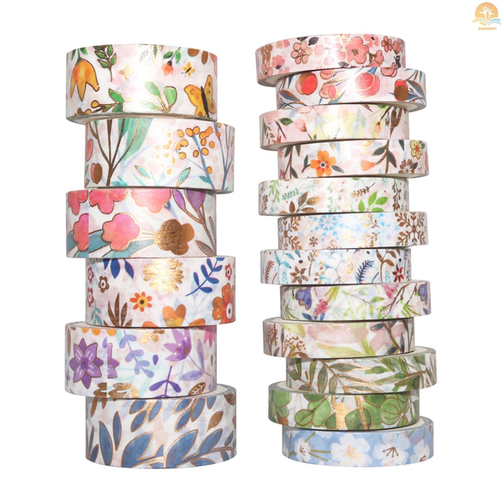 18 Rolls Washi ing Tapes Set Floral Gold Foil Adhesive Decorative Paper Tape Beautiful Flower Leaves Plant Pattern Label Sticker for DIY Arts &amp; Crafts Scrapbooking Journals Planners Card Gift Wrapping