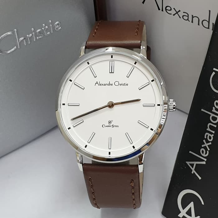 JUAL JAM TANGAN ASLI  ALEXANDRE CHRISTIE AC 8492 PRIA SILVER WHITE LEATHER BROWN ORIGINAL  I