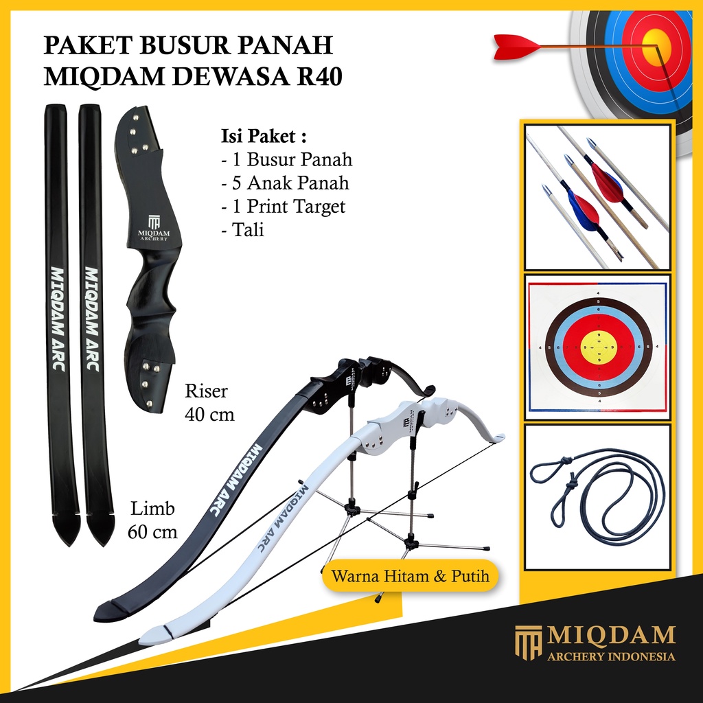 Busur Panah Miqdam Dewasa R40 || Face Target || 5 Arrow Bambu Petung Point Anhas Vanes Lakban Kain