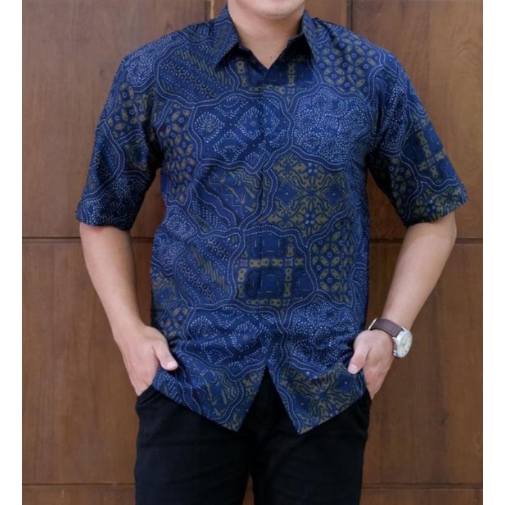 batik sejarjagad biru katun halus full furing pendek