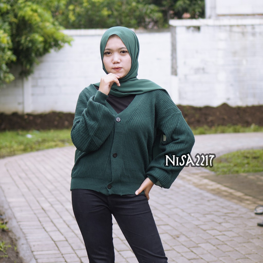 Oneoutfit Cardigan Rajut Wanita Premium Malika Crop Cardi Oversize Bhn Tebal Lembut Model Kekinian-EMERALD