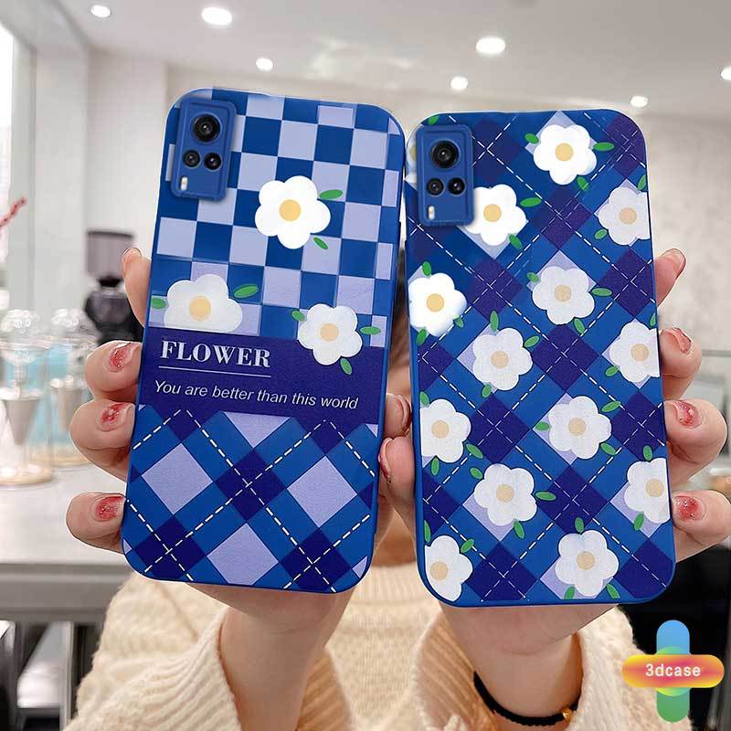 Case Samsung A32 A52 A12 A51 A03S A10S A50 A20S J7 Prime A02S A20 A72 A50S A10 A30S A52S A30 M12 M10 M01S A54 A15 A16 A9 A5 Y12 Y20 A12 Klein Blue Plaid White Flower Anti-fall Case