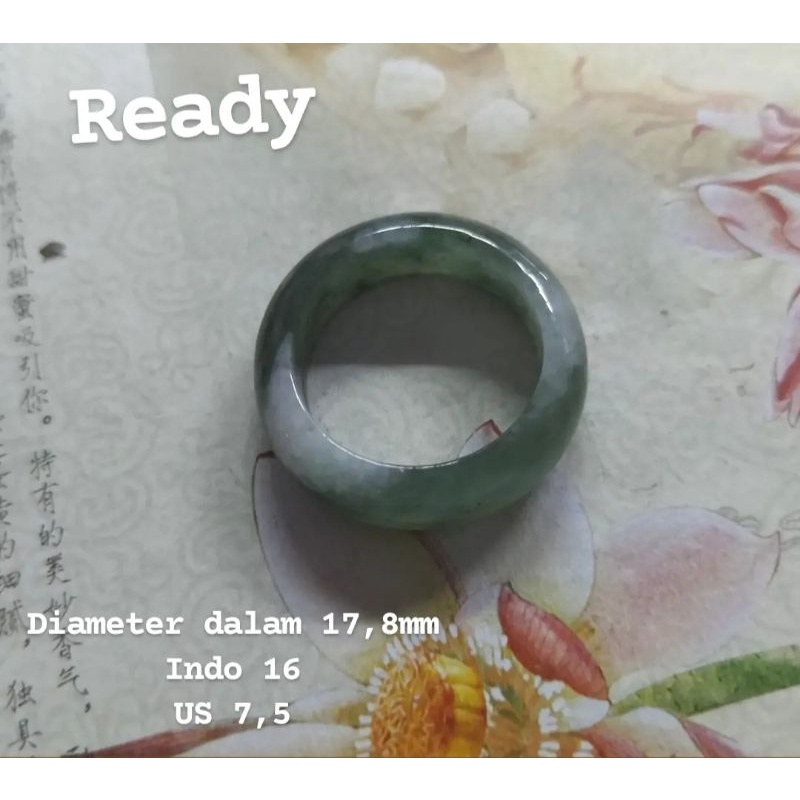 Cincin 17,8mm Giok Jadeite Emerald Hijau Bercak Putih Kualitas Es (JYP26)