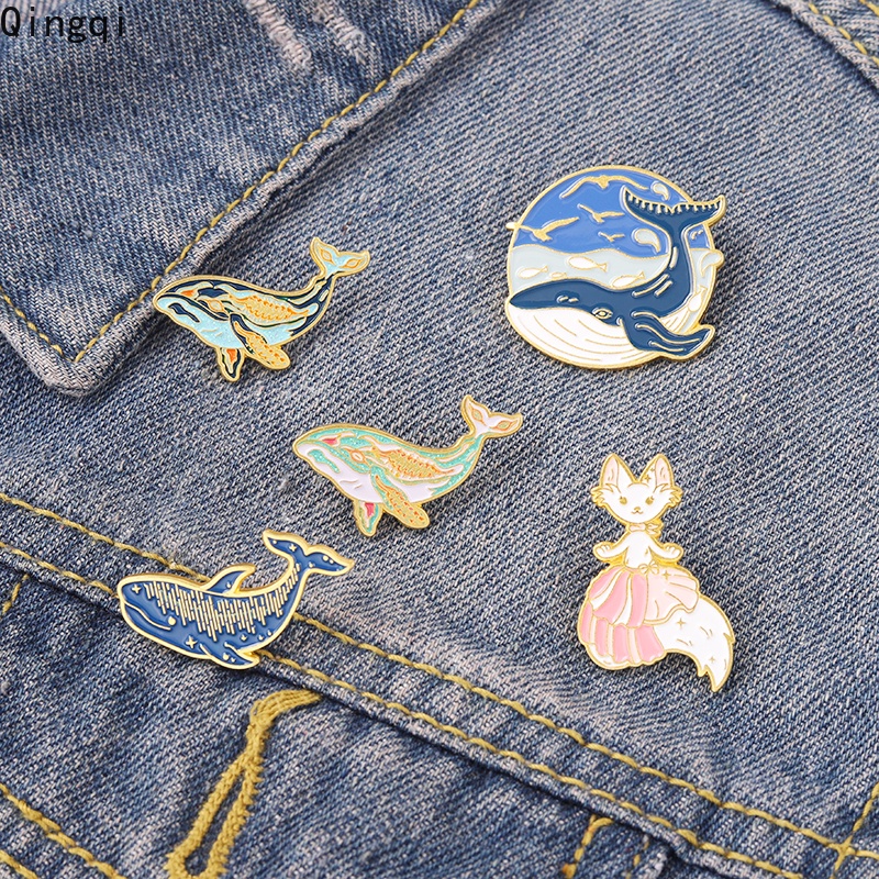 Whale Bros Pin Enamel Desain Kartun Whale Mermaid Kucing Ikan Paus Untuk Pakaian