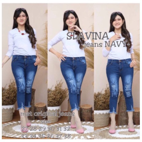 Slavina jeans 7/9 sobek tidak tembus, bahan jeans melar [JNR]