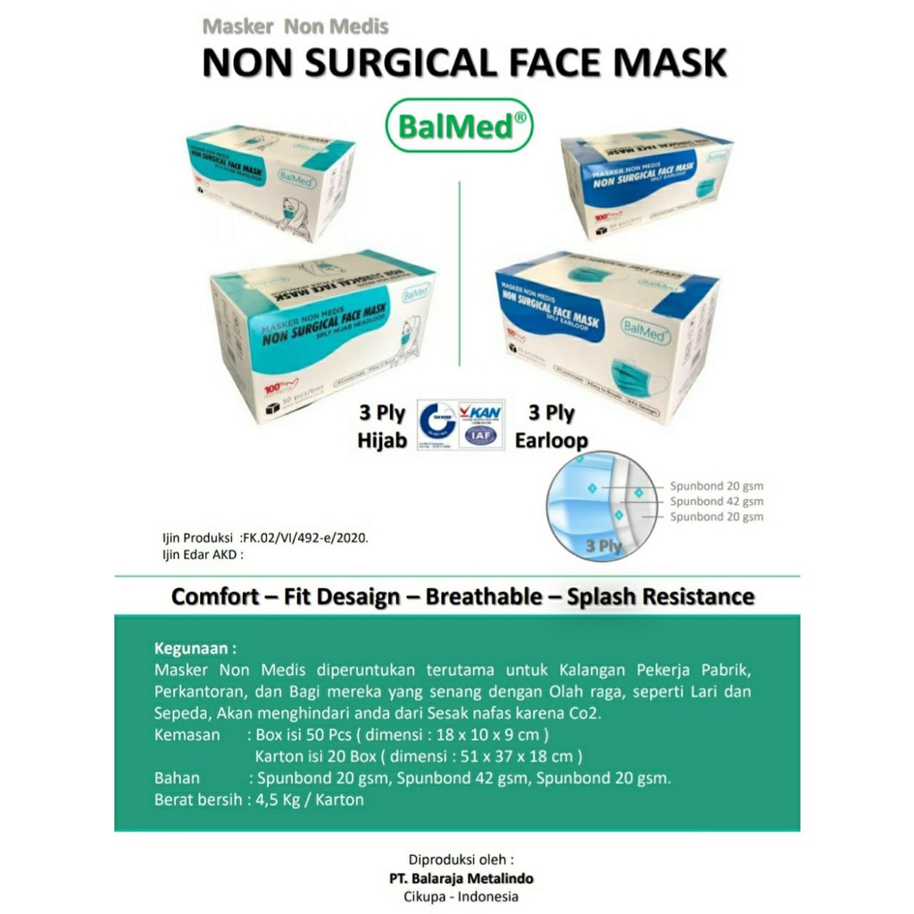 Masker Non Medis Hijab Balmed 3 ply, 1 Box isi 50 pcs