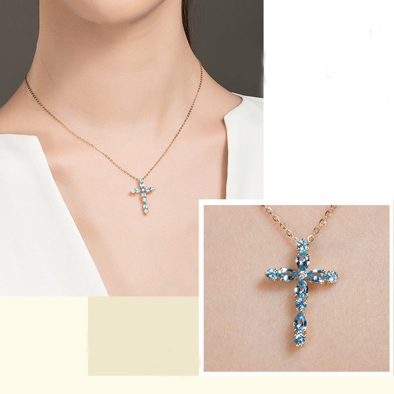 [Ready Stock]Fashion 18K Gold Plated Blue Gemstone Cross Pendant Necklace