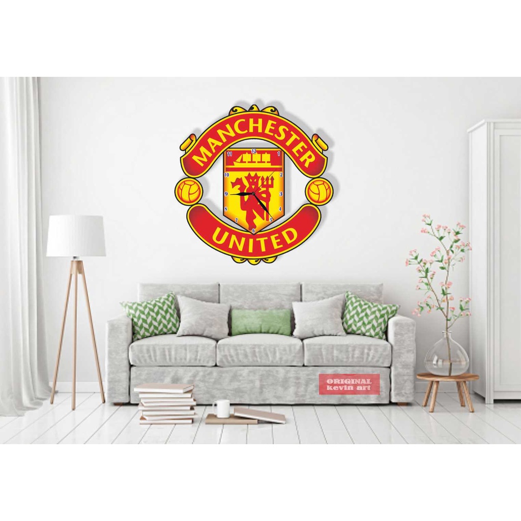 JAM DINDING KAYU UNIK BESAR VINTAGE KARAKTER MURAH GAMBAR LOGO MANCHASTER UNITED