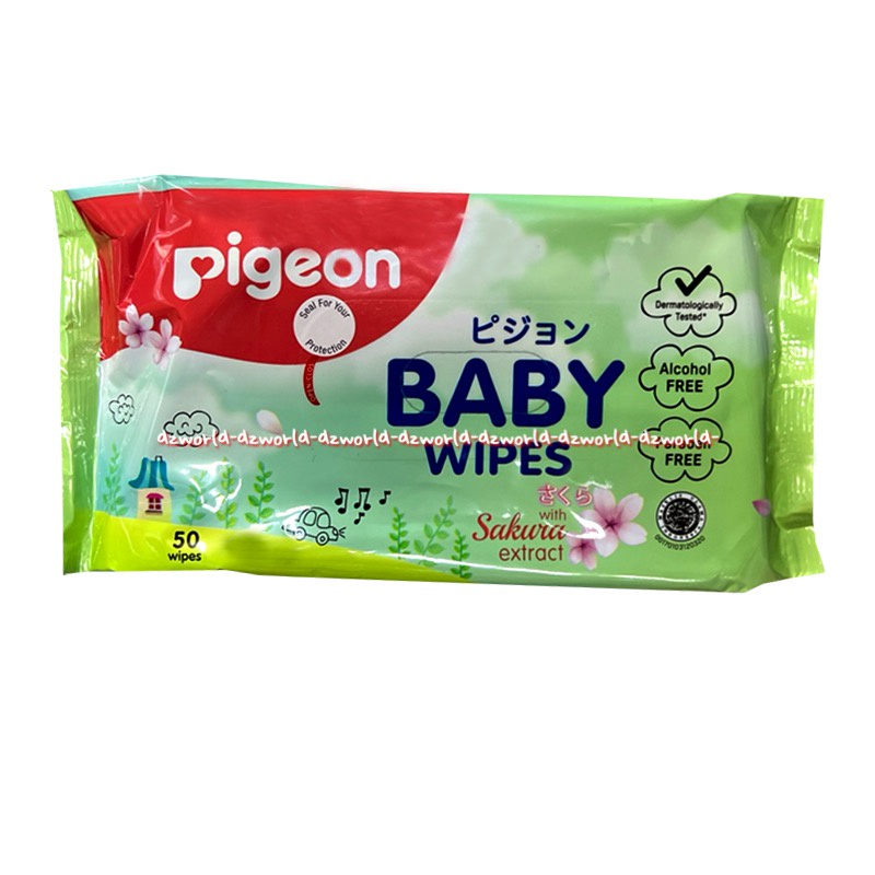 Pigeon Baby Wipes 50wipes Sakura Extract Tissue Basah Bayi Pigen Wangi Sakura Kemasan Warna Hijau Green Halal MUI